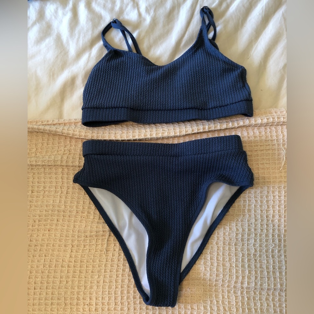 High waisted blue bikini